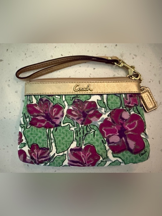 Coach Handbags - Coach Ashley Iris Floral Wristlet Gold Leather Trim NWOT